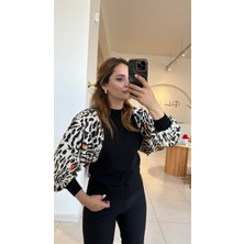 Pelin Yıldız Butik Kol Kısmı Saten ve Leopar Detay Triko