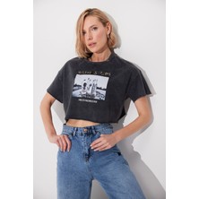Antrasit Asit Yıkamalı Baskılı Oversize T-Shirt SS23TE4733ANT
