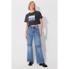 Antrasit Asit Yıkamalı Baskılı Oversize T-Shirt SS23TE4733ANT