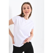 Kadın Beyaz Düşük Kol Pamuklu Örme T-Shirt