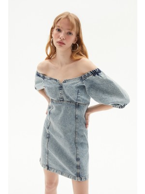 June Balon Kol Kalp Yaka Mini Jean Elbise