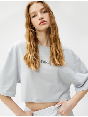 Koton Crop Tişört Baskılı Bisiklet Yaka Kısa Kollu Pamuklu