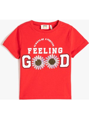 Koton Tişört Kısa Kollu Baskılı Pul Payet İşlemeli Pamuklu