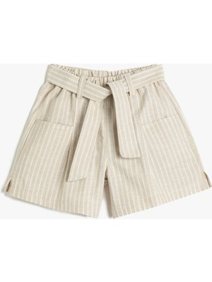 Koton Şort Kemer Detaylı Cepli Beli Lastikli Rami Kumaş