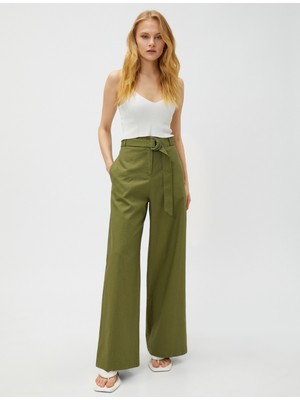 Koton Keten Karışımlı Pantolon Bol Paça Kemerli