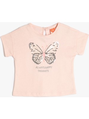 Koton Kız Çocuk Kısa Kollu Pamuklu Tişört Kelebek PulPayet İşlemeli Günlük Stil