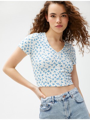 Koton Crop Tişört Baskılı Kısa Kollu V Yaka Pamuklu