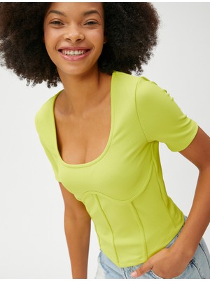 Koton Crop Tişört Korse Görünümlü Kısa Kollu Bisiklet Yaka