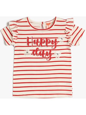 Koton Çizgili Tişört Fırfırlı Pul-Payet Işlemeli Kısa Kollu Pamuklu