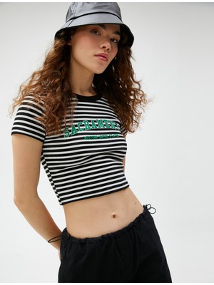 Koton Crop Tişört Baskılı Bisiklet Yaka Kısa Kollu Fitilli