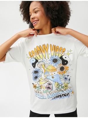 Koton Baskılı Tişört Oversize Kısa Kollu Bisiklet Yaka Pamuklu