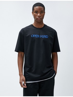 Koton Oversize Tişört Slogan Baskılı Bisiklet Yaka Pamuklu