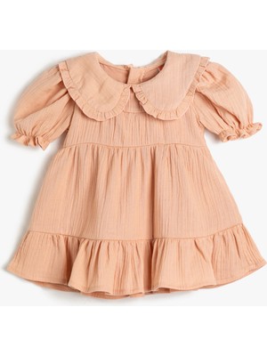 Koton Elbise Geniş Bebe Yaka Lastikli Kısa Balon Kollu Fırfırlı Pamuklu