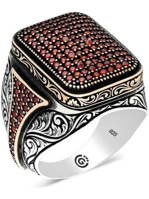 Stil Love Gümüş Kırmızı Zirkon Taşlı Kare Erkek Yüzük