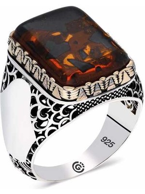 Stil Love ​gümüş Sıkma Kehribar Taşlı Kare Erkek Yüzük