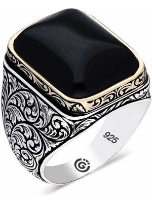 Stil Love ​gümüş Desenli Siyah Zirkon Taşlı Kare Erkek Yüzük
