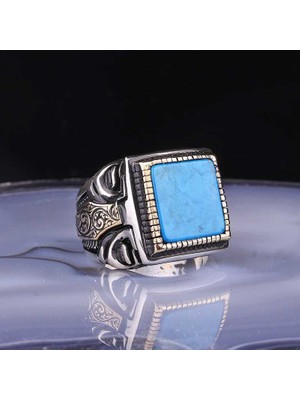 Stil Love Gümüş Kare Turkuaz Taşlı Erkek Yüzük