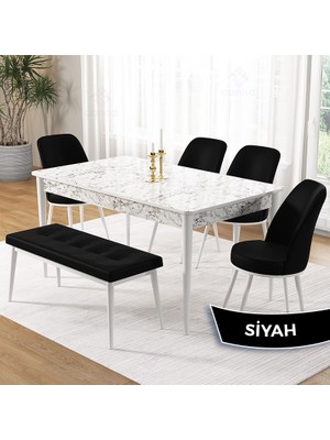 Canisa Concept Pir Serisi 80X130 Sabit Beyaz Mermer Desen Mutfak Masa Takımı ve 4 Sandalye 1 Bench