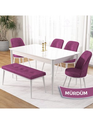 Canisa Pir Serisi, 80X130 Sabit Beyaz Mutfak Masası Takımı ve 4 Sandalye 1 Bench