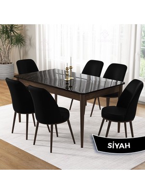 Canisa Pir Serisi 80X130 Sabit Siyah Mermer Desen Kahve Ayak Mutfak Masa Takımı ve 6 Sandalye