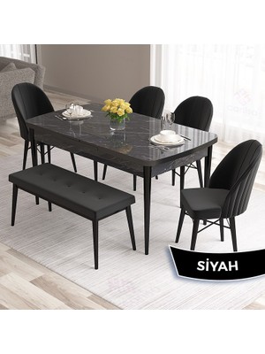 Canisa Concept Roz Serisi 80X132 Mdf Açılabilir Siyah Mermer Desen Mutfak Masası Takımı 4 Sandalye 1 Bench