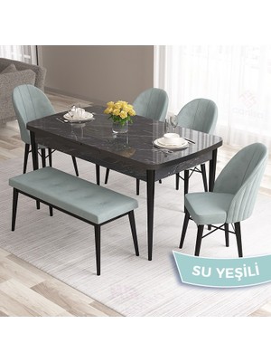 Canisa Concept Roz Serisi 80X132 Mdf Açılabilir Siyah Mermer Desen Mutfak Masası Takımı 4 Sandalye 1 Bench
