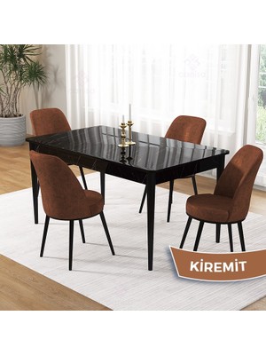 Canisa Pir Serisi, 80X130 Sabit Siyah Mermer Desen Mutfak Masa Takımı ve 4 Sandalye