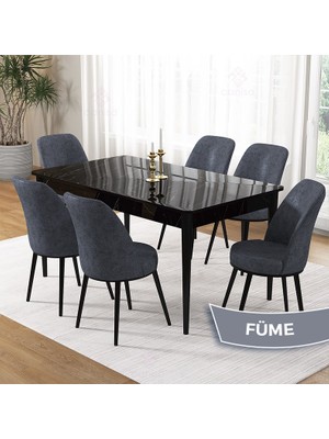 Canisa Pir Serisi, 80X130 Sabit Siyah Mermer Desen Mutfak Masa Takımı ve 6 Sandalye