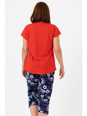 Ilısana Kadın Kırmızı Pamuklu Büyük Beden Kısa Kol Kaprili Pijama Takım