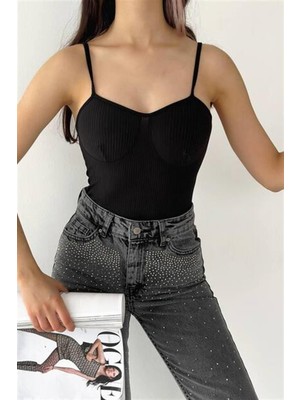 Marissa Butik Askılı Fitilli Bodysuit - Siyah