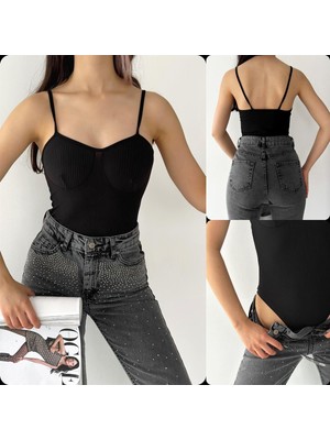 Marissa Butik Askılı Fitilli Bodysuit - Siyah