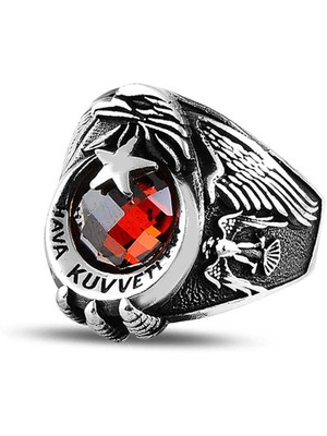 Stil Love Gümüş Ayyıldız Hava Kuvvetleri Kırmızı Taşlı Erkek Yüzük