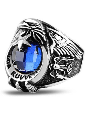 Stil Love Gümüş Ayyıldız Hava Kuvvetleri Mavi Taşlı Erkek Yüzük