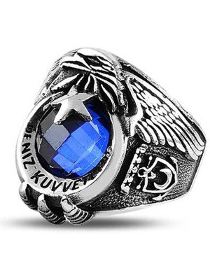 Stil Love Gümüş Ayyıldız Deniz Kuvvetleri Mavi Taşlı Erkek Yüzük