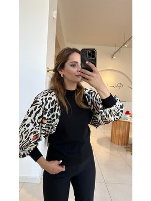 Pelin Yıldız Butik Kol Kısmı Saten ve Leopar Detay Triko