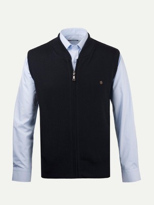 Çizgi Triko Erkek Triko Yelek Fermuarlı Cepli Çelik Örgü Triko Klasik Kalıp