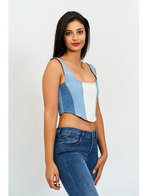 Bomestida Kadın Mavi Askılı Arkadan Fermuarlı Jean Crop Bluz