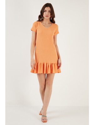 Lela Regular Fit Fırfırlı V Yaka Bürümcük Mini Elbise Bayan Elbise 5865071