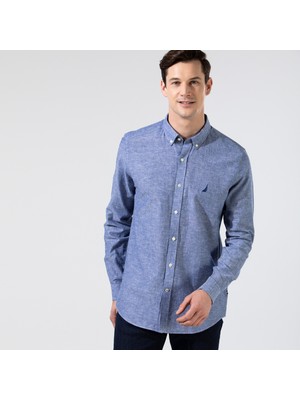 Nautica Erkek Mavi Slim Fit Uzun Kollu Keten Gömlek W35000T.4ES