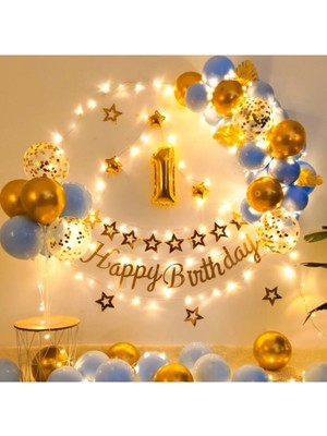 Çıtı Pıtı Store Gold Mavi Balon Kemer Çelenk Kiti ve Işık