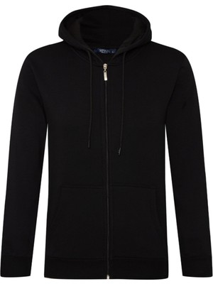 Süvari Siyah Kapşonlu Fermuarlı Hırka %50 Pamuk %50 Polyester Erkekler İçin Şık Tasarım
