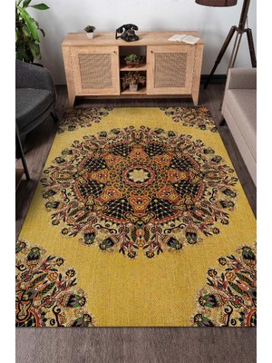 Homshtag Tezhip Pamuklu Dokuma Tabanlı Yıkanabilir Dekoratif Halı