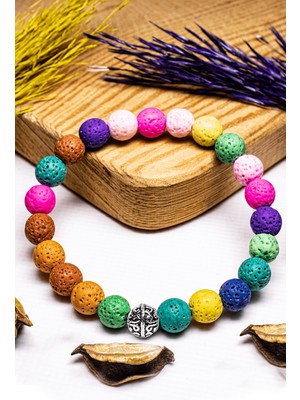 Tesbih Atölyesi Sertifikalı Volkanik Renkli Lav Taşı Bileklik - Gümüş Aparatlı