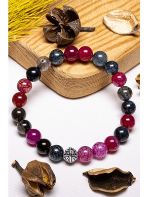 Tesbih Atölyesi Sertifikalı Aaa+ Kalite Damarlı Renkli Akik Taşı Bileklik - Gümüş Aparatlı