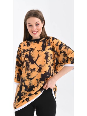 Unisex Açık Turuncu Geniş Kalıp Batik Desen Baskılı T-Shirt