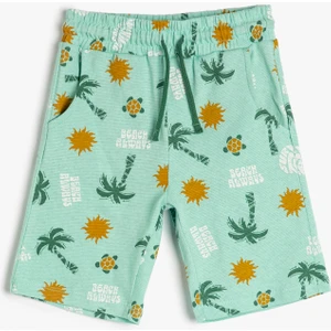 Şort Beli Bağlamalı Cepli Baskılı Pamuklu