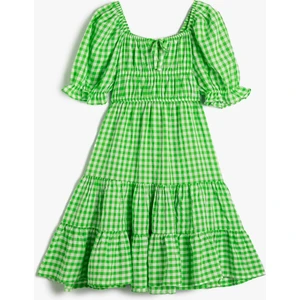 Elbise Midi Balon Kollu Fırfır Detaylı U Yaka Gipe Detaylı Katlı