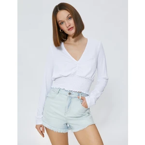 Gipeli Crop Bluz V Yaka Uzun Kollu