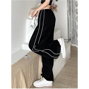 Harajuku Zip Detail Black Oversize Şeritli Eşofman Altı