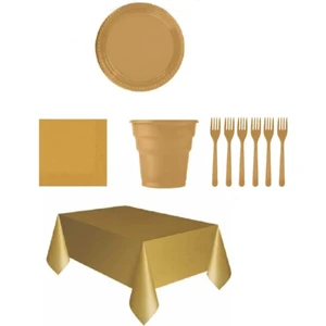 Gold Renk Plastik Tabak, Bardak, Çatal, Peçete ve Tek Kullanımlık Masa Örtüsü Seti
